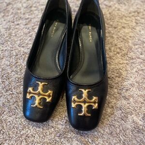 Tory Burch Black Leather Flats with Gold Logo Crest